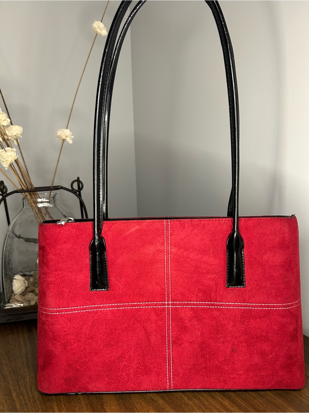 Kate Spade New York Vintage Red/Burgundy Suede Contrast Stitch Shoulder Tote Bag - Picture 6 of 12